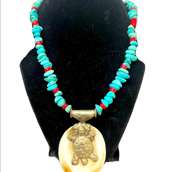 Turquoise/Red Coral Necklace, Reversible Silver Fish+Sea Turtle, Bone Pendant. - Picture 3 of 6